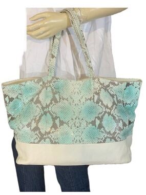 IACUCCI BLUE/GREEN & CREAM SNAKESKIN-EMBOSSED LEATHER TOTE BAG